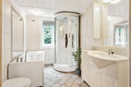 a bathroom with a shower and a sink and a toilet at Historic Farm With Panoramic Views In Gudbrandsdalen in Favang