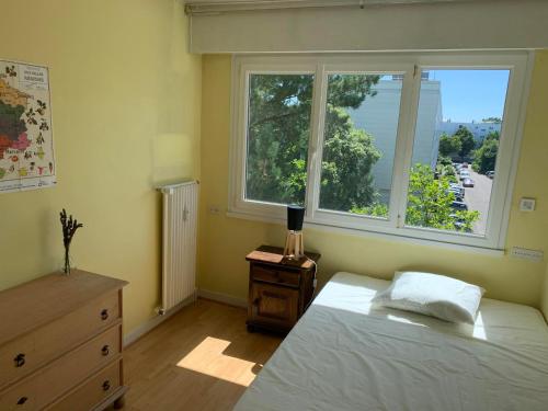 une chambre avec un lit et deux fenêtres dans l'établissement Appartement nantais 4 chambres, à Nantes