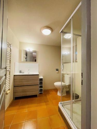 une salle de bain avec toilettes, lavabo et douche dans l'établissement Domaine-Charme-Piscine-Domme, à Domme