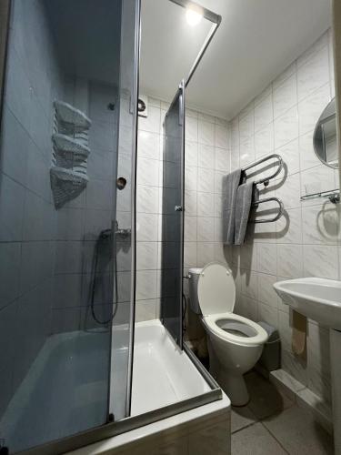 a bathroom with a shower and a toilet and a sink at Готельно-ресторанний комплекс Поділля in Bershadʼ