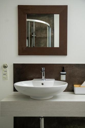 a bathroom sink with a mirror above it at Hotel Grunt in Mladá Boleslav