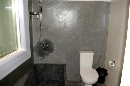 a small bathroom with a toilet and a shower at Къщичка Под шарената сянка in Kŭrpachevo
