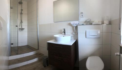 a bathroom with a sink and a shower and a toilet at Landgasthof Waldeck in Stadtprozelten