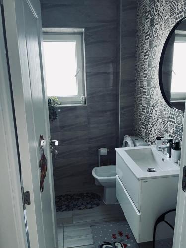 a bathroom with a sink and a toilet and a mirror at Adam Home Ap in Fălticeni