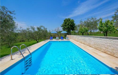 une piscine avec des chaises bleues et un mur dans l'établissement Villa Greis, à Buje