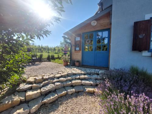 a house with a blue door and a stone walkway at Spaletta in Pécsely