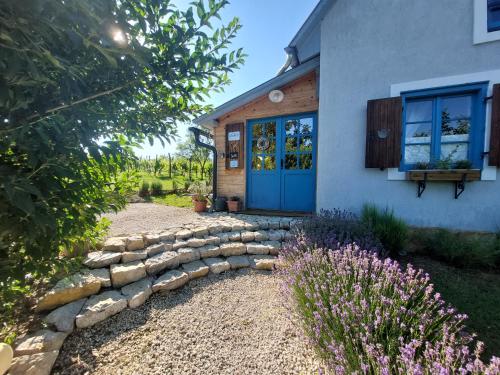 a house with a blue door and a stone walkway at Spaletta in Pécsely