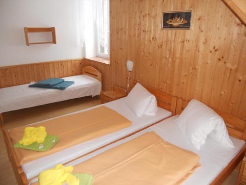 two beds in a room with wooden walls at Penzion Kamzík in Česká Kamenice