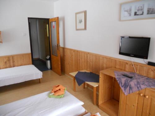 a small room with a bed and a tv at Penzion Kamzík in Česká Kamenice