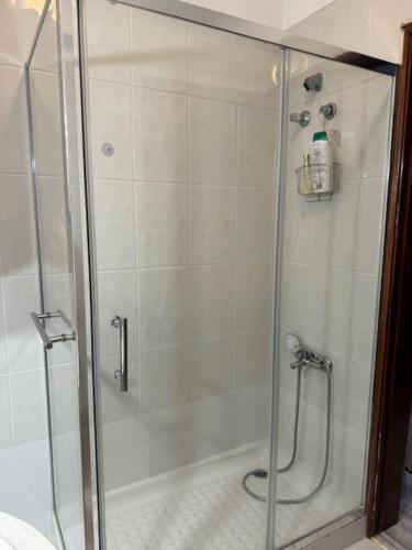 a shower with a glass door in a bathroom at Beach, surf and golf apartment near Lisbon in Aroeira