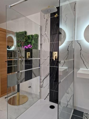 une douche avec une porte vitrée dans une salle de bain dans l'établissement Le Triplex Romantique Balneo duo et Sauna, à Hermanville-sur-Mer