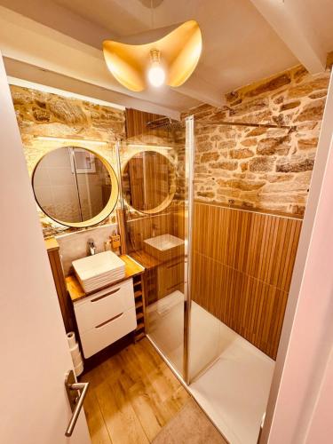 une salle de bain avec douche et lavabo dans l'établissement Chez Jeanne - Maisonnette atypique - proche centre et port, à Vannes