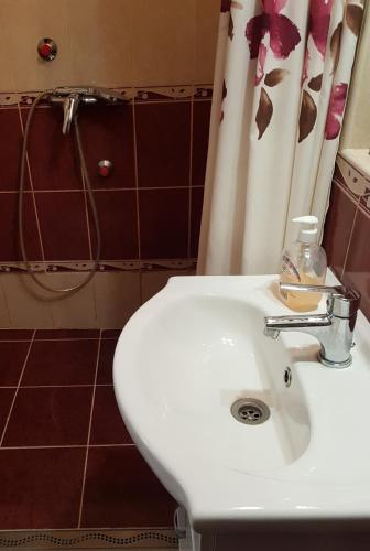 a bathroom with a white sink and a shower curtain at Klára apartman in Sárospatak