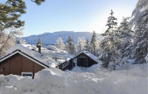 a house covered in snow with trees and mountains at 3 Bedroom Amazing Home In Tysse in Tysse