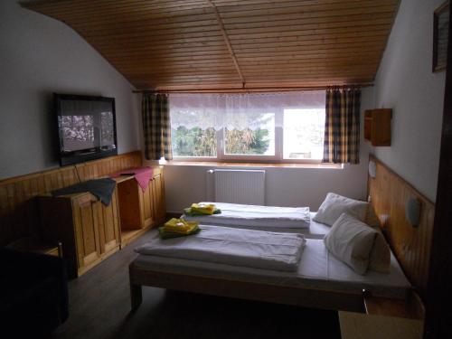 a bedroom with two beds and a window at Penzion Kamzík in Česká Kamenice