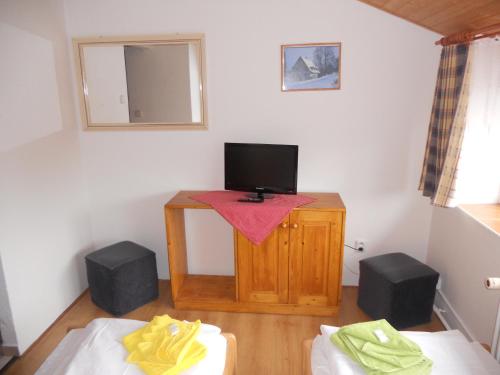 a room with two beds and a television on a table at Penzion Kamzík in Česká Kamenice