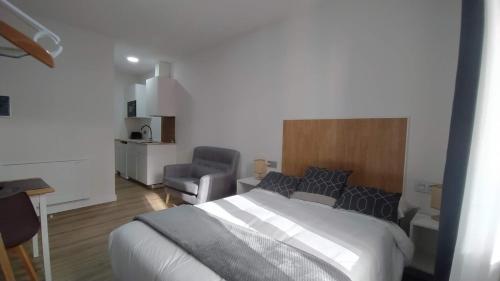 a bedroom with a bed and a chair at Apartamentos Recunchos in Ourense