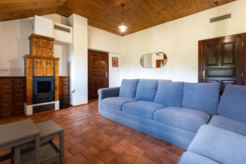 a living room with a blue couch and a fireplace at Haus 44 in Liběšice