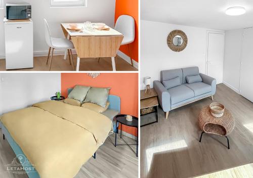 trois photos différentes d'une chambre avec un lit et une table dans l'établissement Éclat Rouennais en Centre Ville, à Rouen
