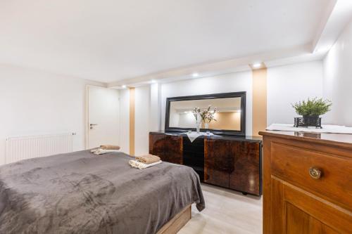a bedroom with a bed and a large mirror at Living the Green in Friedrichsdorf