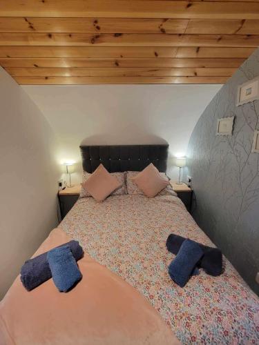 a bedroom with a bed with two blue pillows on it at The Galloway Steading - The Stag Hoose family cabin with Preheated Hot Tub and Fire Pit in Glenluce
