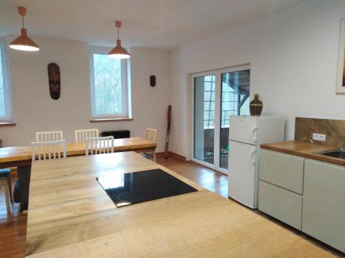 a kitchen and dining room with a table and a refrigerator at Old Hunting Lodge in Karlovy Vary
