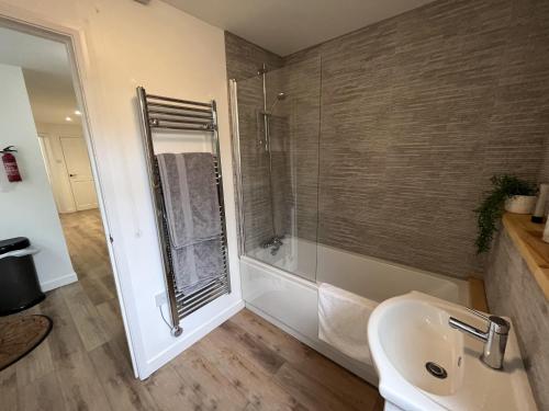 a bathroom with a shower and a sink at Large One Bed Basement Apartment in Lowestoft