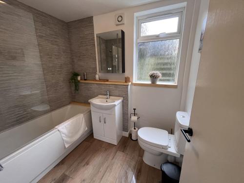 a bathroom with a toilet and a tub and a sink at Large One Bed Basement Apartment in Lowestoft