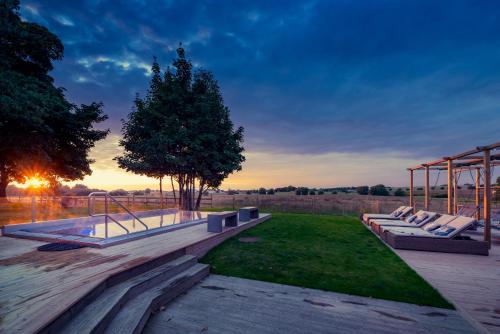 a group of lounge chairs sitting in the grass at Hotell Mossbylund in Abbekås