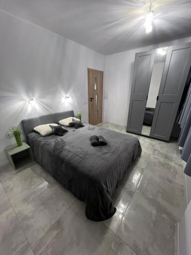 a bedroom with a large bed and a mirror at Vista premium apart in Choszczówka