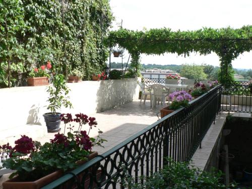 einen Balkon mit Topfpflanzen und einer Laube mit einem Tisch in der Unterkunft La Terrasse de la Grand'Rue - chambre d'hôtes - in Mugron