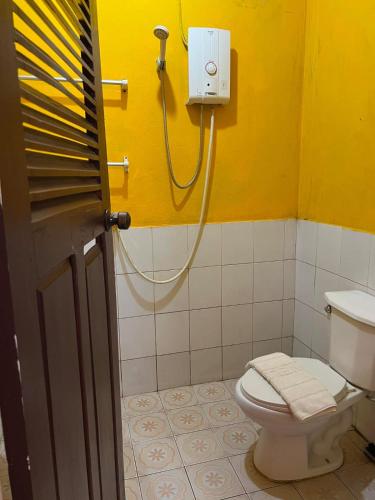 a bathroom with a toilet and a shower at MR Mo Guest House in Along