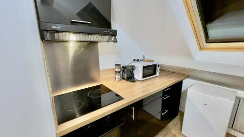 une petite cuisine avec une cuisinière et un micro-ondes dans l'établissement Le Chablis - Proche Centre & CHU, avec MiniBar, à Dijon