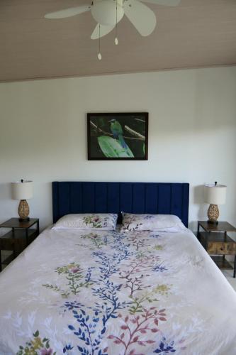 a bedroom with a blue and white bed with two tables at Casitas Vista Verde in Bajo Boquete