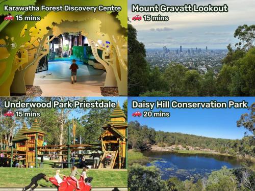 a collage of pictures of the different attractions at a park at Affordable 1Bed Studio Close to Malls and Transit in Brisbane