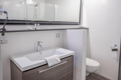 a bathroom with a sink and a toilet and a mirror at Blanckthys Hotel Voeren in Voeren