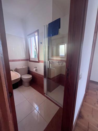 un bagno con wc e doccia in vetro di Casa Mesa del Mar Tenerife a Tacoronte
