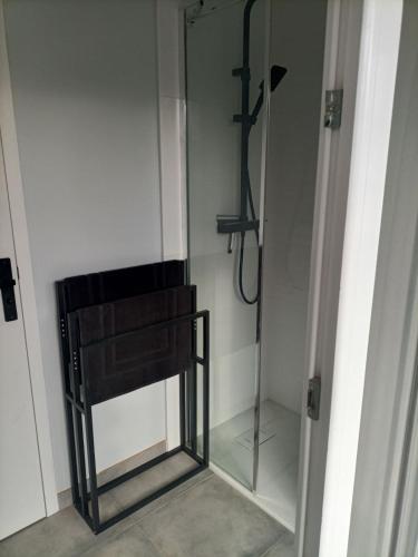 La salle de bains est pourvue d'une douche en verre et d'un miroir. dans l'établissement Chambre double 1er etage, à Ploemeur