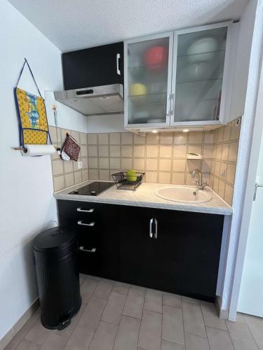une petite cuisine avec un évier et un comptoir dans l'établissement Jolie Maison de vacances, séjour climatisé, famille de 5 personnes, résidence MAS DE LA PLAGE 1, LRMP75, à Portiragnes