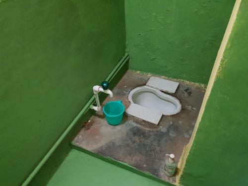 PrayagrajSarkar Homestay的绿色浴室,设有绿色墙壁上的厕所