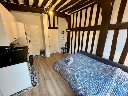 une chambre avec un lit avec une couette bleue dans l'établissement Évasion rouennaise - 361, à Rouen