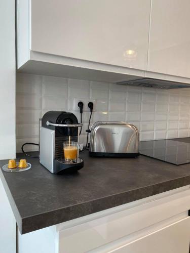 Il comprend une cuisine équipée d'un grille-pain et d'un four. dans l'établissement Magnifique Appartement Vieux Port Refait à Neuf, à La Rochelle