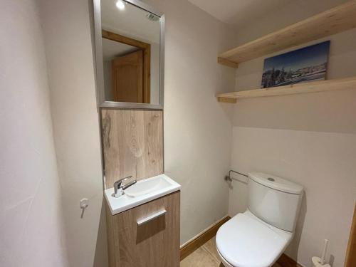 une salle de bain avec toilettes, lavabo et miroir dans l'établissement Appartement familial 6 pers. avec piscine, balcon et parking à Crest-Voland - FR-1-733-127, à Crest-Voland