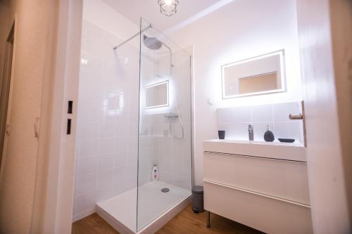 une salle de bain blanche avec douche et toilettes dans l'établissement Spacious Modern Paisible Mulhouse near train station, à Mulhouse