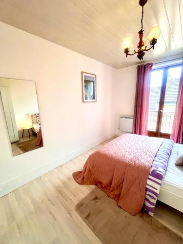 une chambre avec un lit et un grand miroir dans l'établissement Appartement en plein centre-ville Gare Darcy, à Dijon