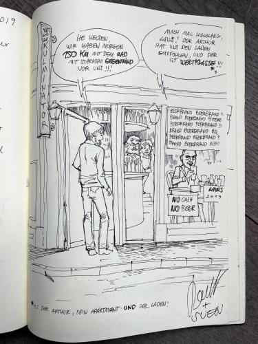 a drawing of a man standing outside of a restaurant at Tempor'area Apartment in Antwerp