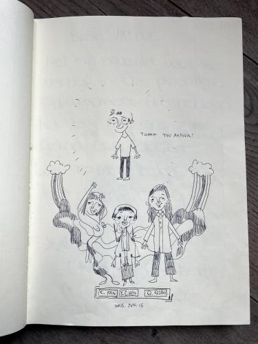 a comic book page with a drawing of three people at Tempor'area Apartment in Antwerp
