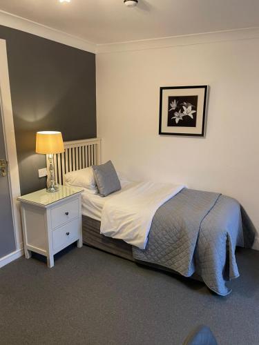 a bedroom with a bed with a night stand and a lamp at Hunters Meet in Bishops Stortford