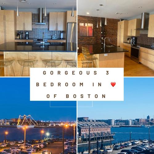 a collage of photos of a kitchen and a city at Boston Harbor views Modern north end condo FREE PARKING! in Boston