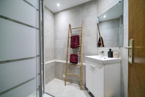La salle de bains est pourvue d'une douche, d'un lavabo et d'une échelle. dans l'établissement Superbe appartement contemporain Mulhouse Centre, à Mulhouse